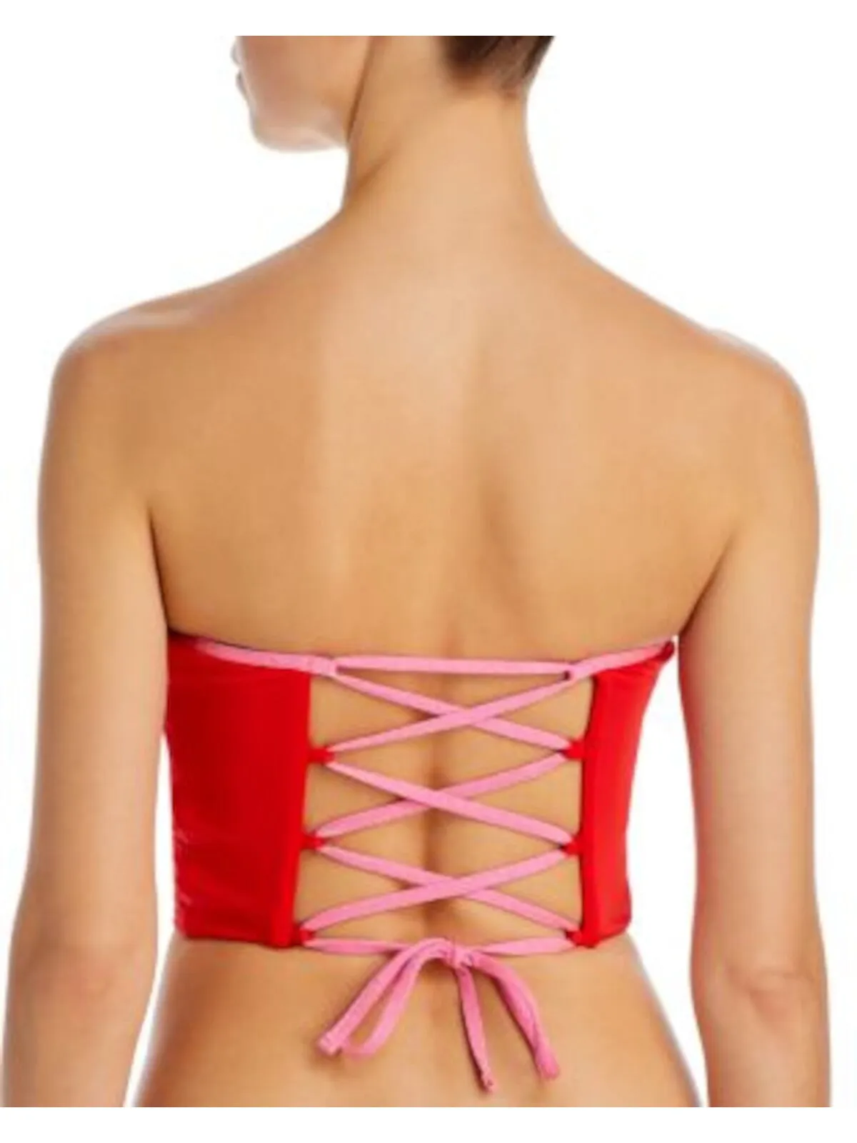 AQUA SWIM Women's Red Color Block Stretch Strapless Lace Up Tankini Swimsuit Top