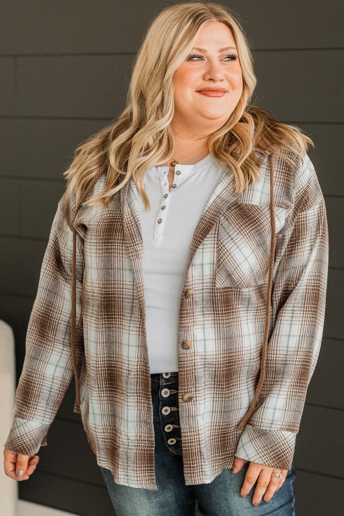 At Your Leisure Hooded Plaid Top- Brown