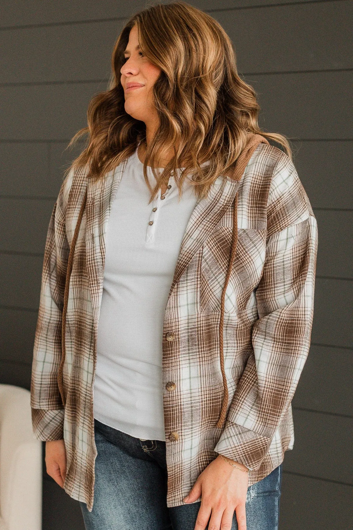 At Your Leisure Hooded Plaid Top- Brown