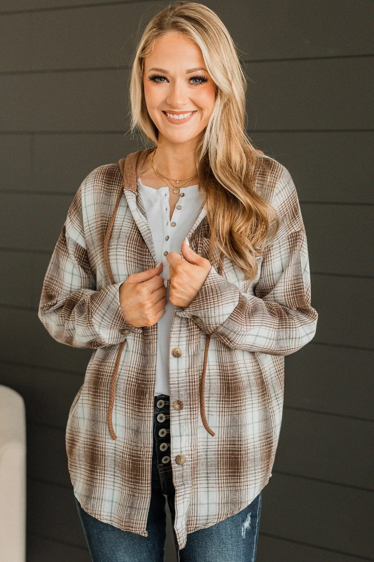 At Your Leisure Hooded Plaid Top- Brown