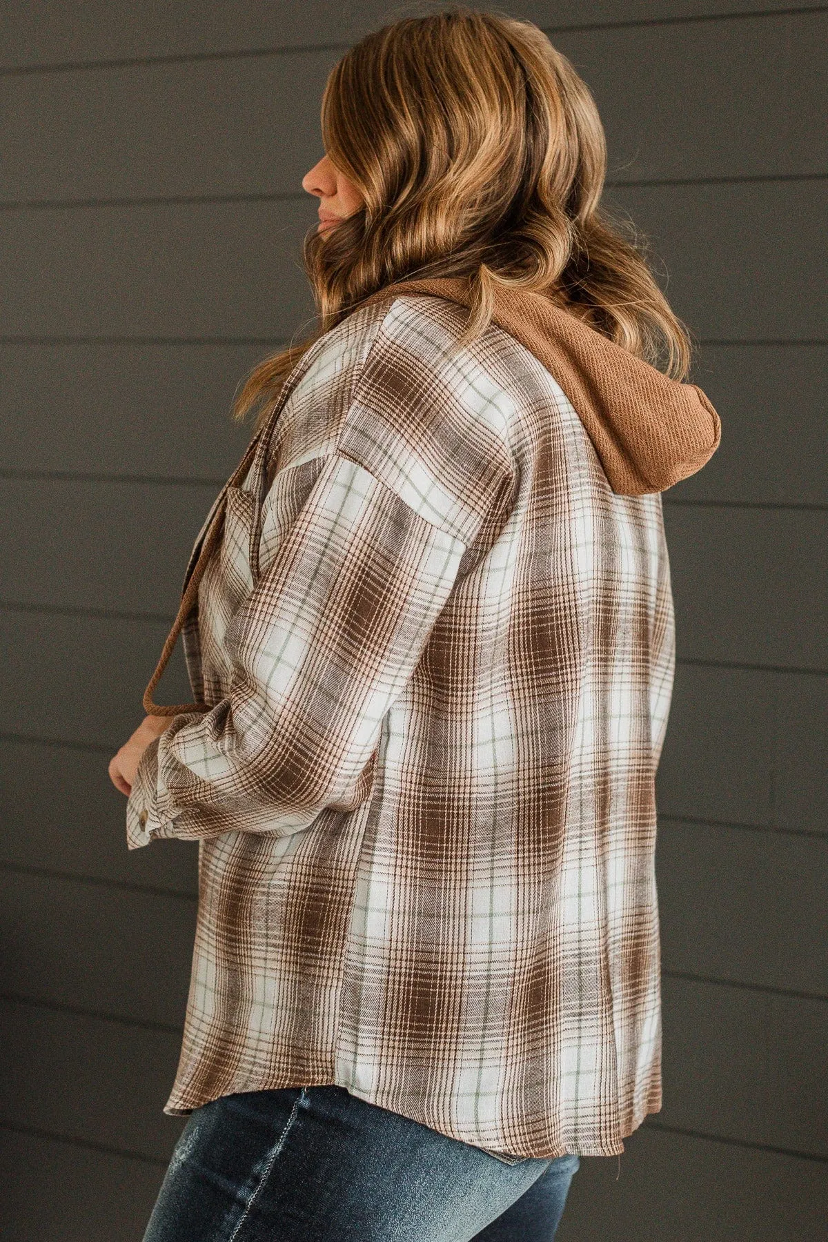 At Your Leisure Hooded Plaid Top- Brown