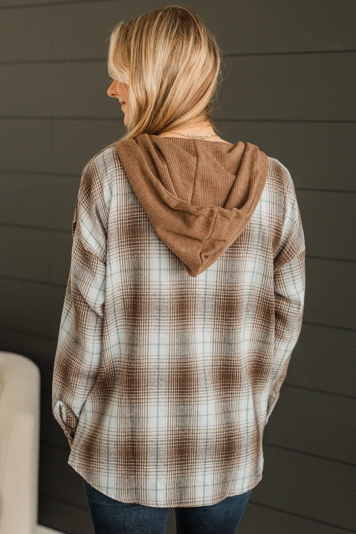 At Your Leisure Hooded Plaid Top- Brown