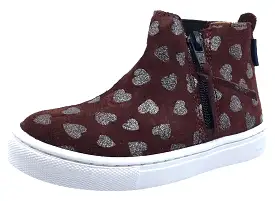 Atlanta Mocassin Girl's Heart Print Suede with Side Zip High-Top Sneakers, Burgundy Heart Print