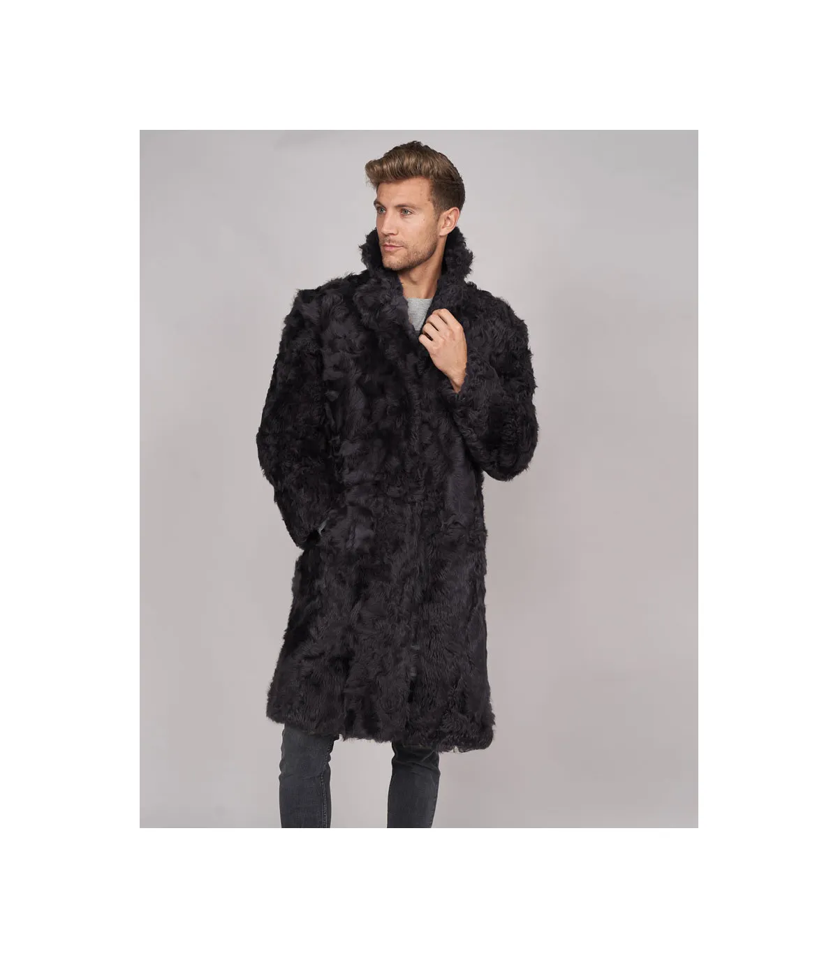 Baron Curly Shearling Overcoat in Black: Futhatworld.com