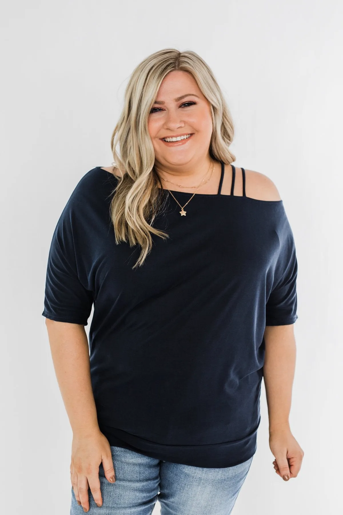 Beautifully You Cold Shoulder Top- Navy