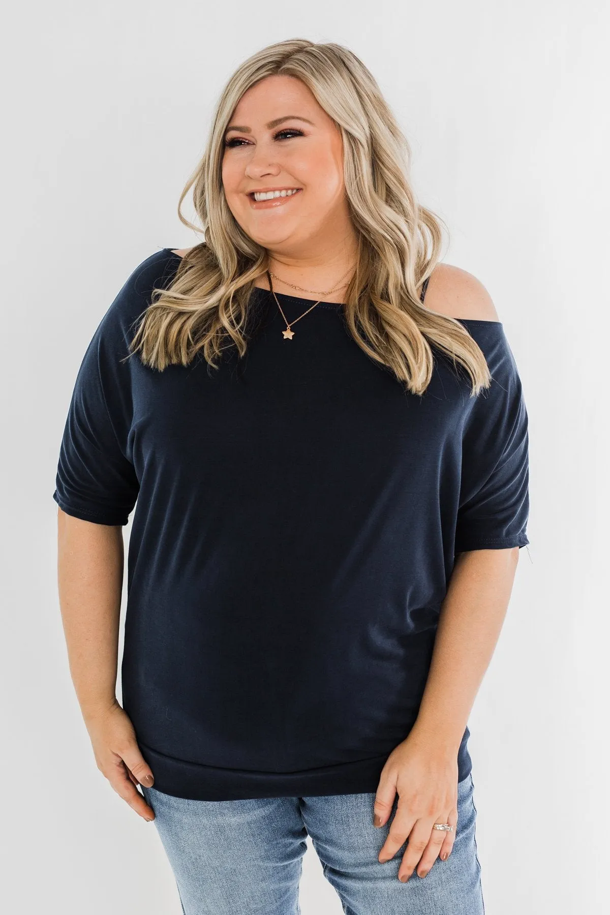 Beautifully You Cold Shoulder Top- Navy