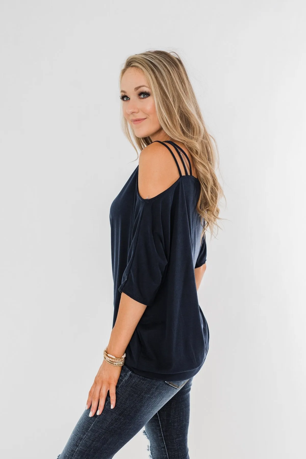 Beautifully You Cold Shoulder Top- Navy