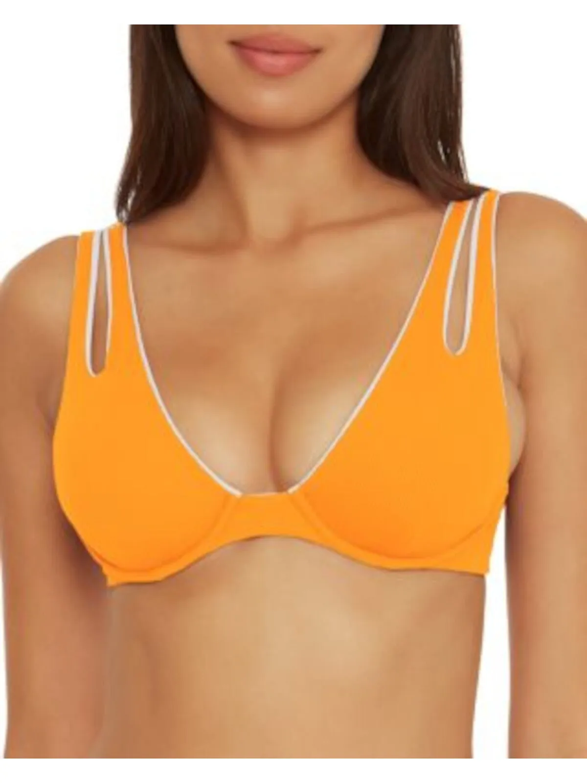 BECCA Women's Orange Ribbed Stretch Back Hook Removeable Cups Adjustable Cutout Bra Swimwear Top