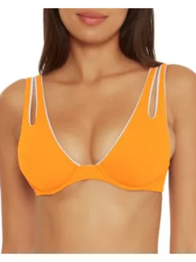 BECCA Women's Orange Ribbed Stretch Back Hook Removeable Cups Adjustable Cutout Bra Swimwear Top