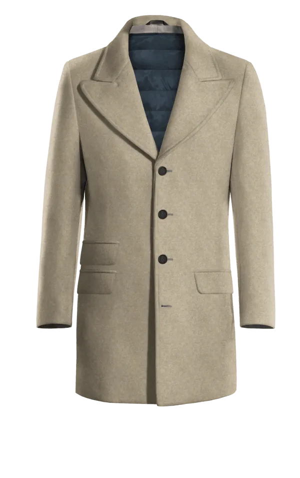 Beige Peak Lapel Overcoat with contrasted Buttonthreads