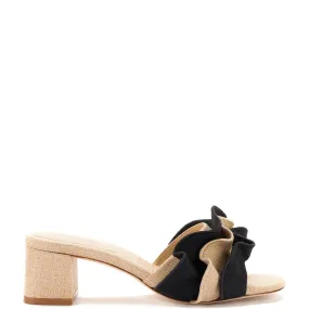 Brigitte Ruffle Mule In Beige and Black Raffia