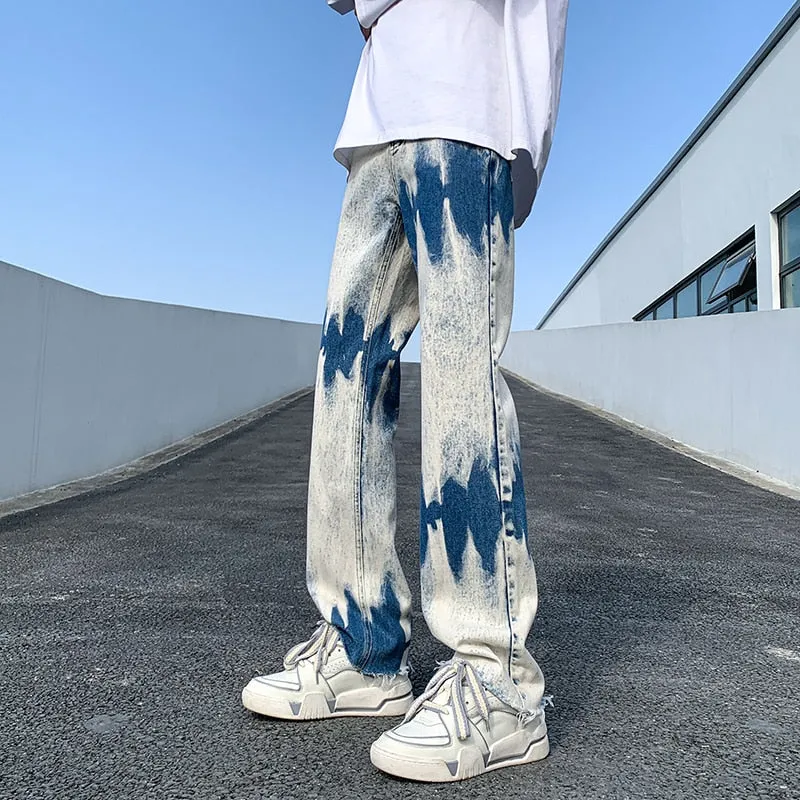 Casual High Street Style Denim Tie Dyed Burr Edge Skinny Pants for Men