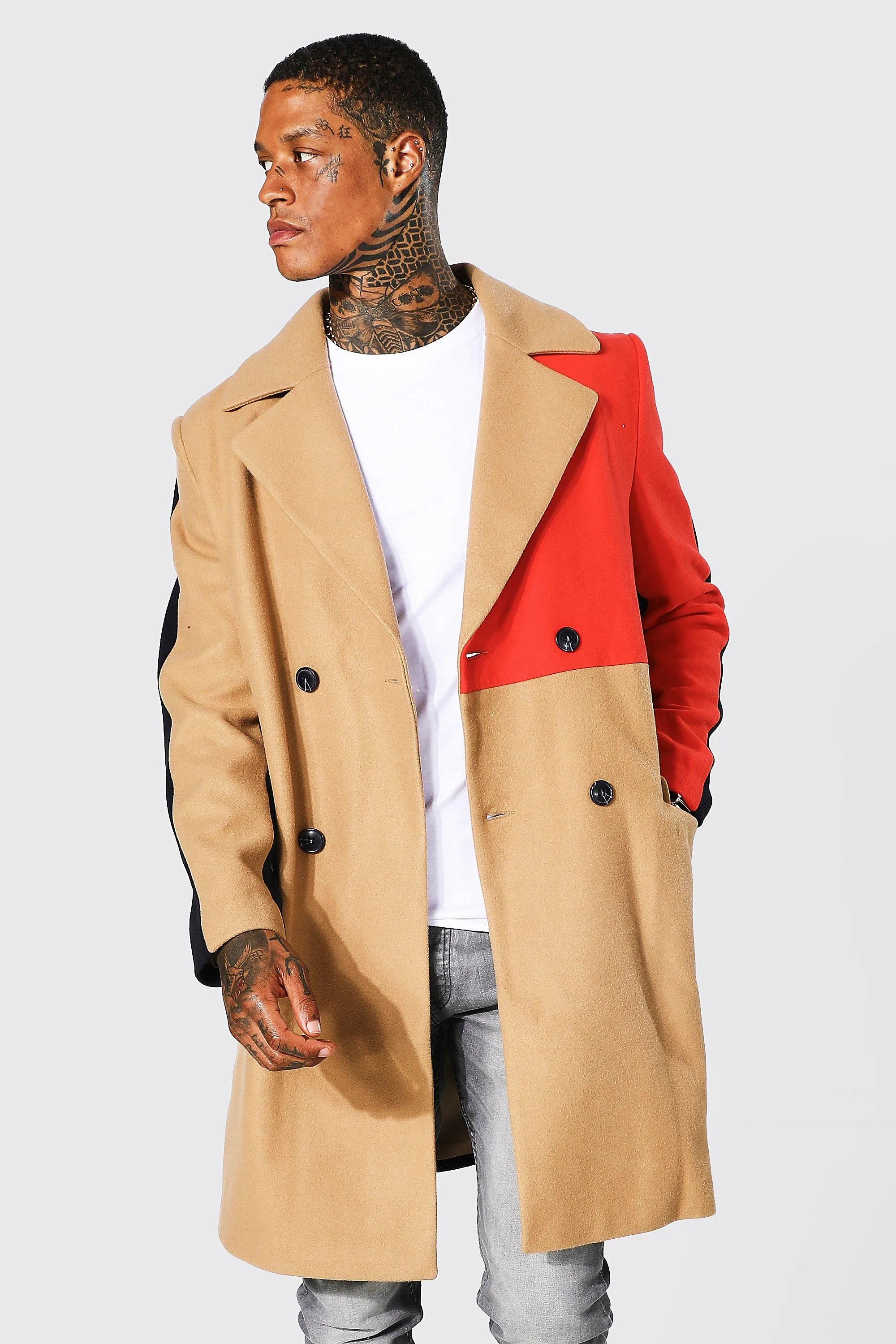 Colour Block Panel Double Breasted Overcoat | boohooMAN UK