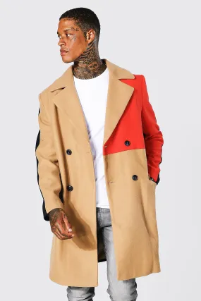 Colour Block Panel Double Breasted Overcoat | boohooMAN UK