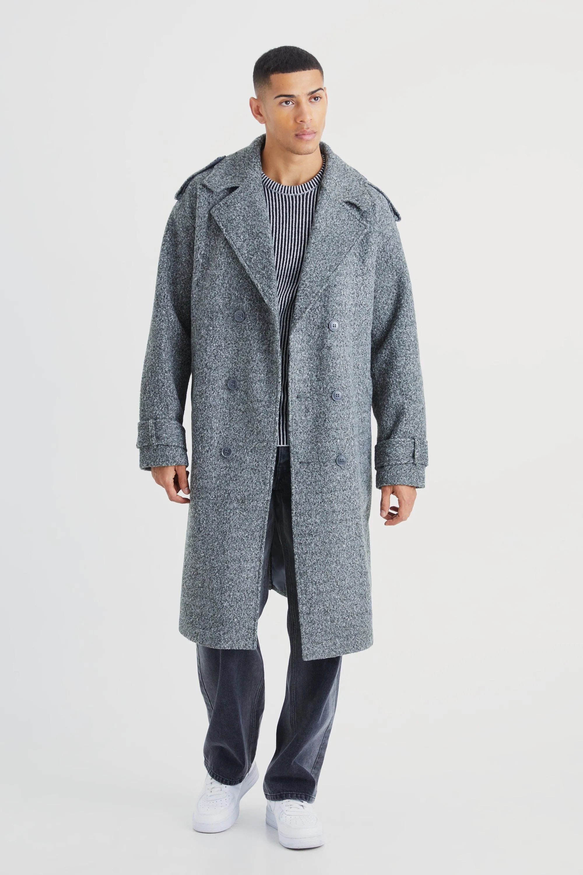 Double Breasted Salt & Pepper Overcoat | boohooMAN UK