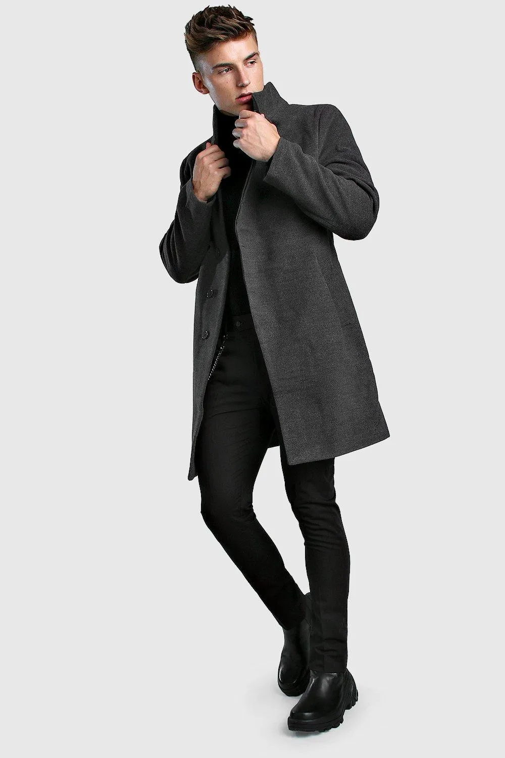 Funnel Neck Wool Look Overcoat | boohooMAN UK