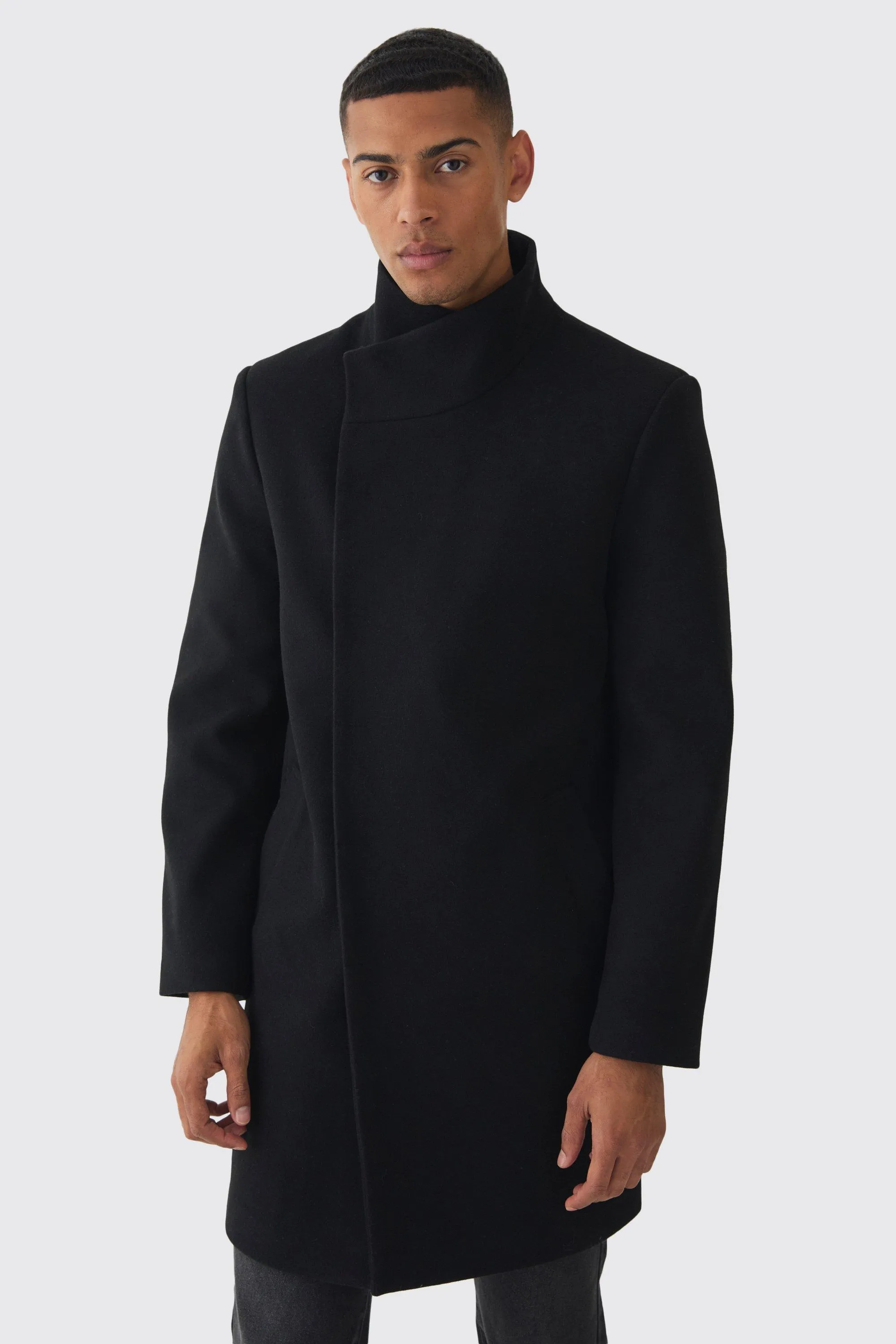 Funnel Neck Wool Look Overcoat in Black | boohooMAN UK