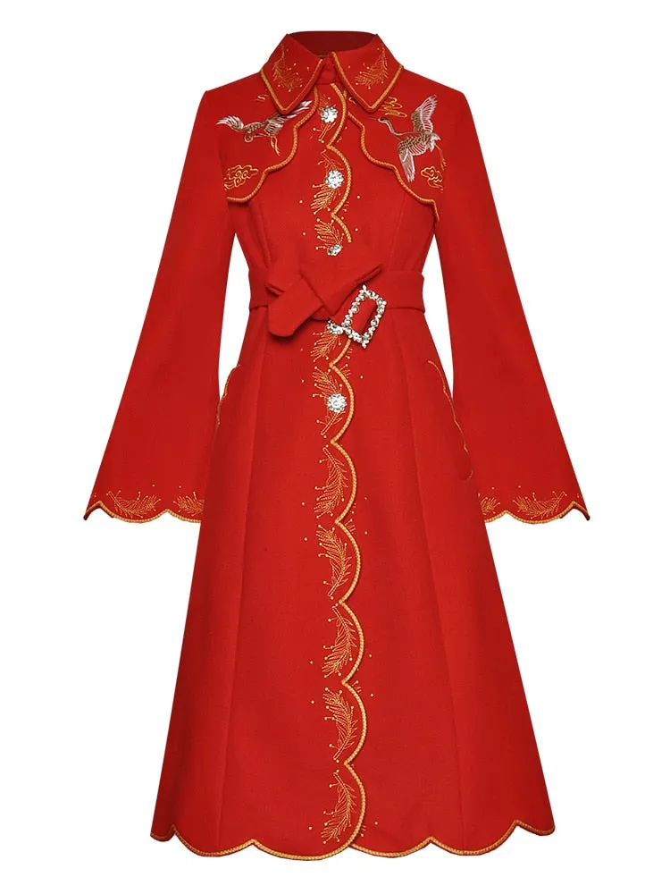 Gold Line Embroidery   lace-up Flare Sleeve Overcoat