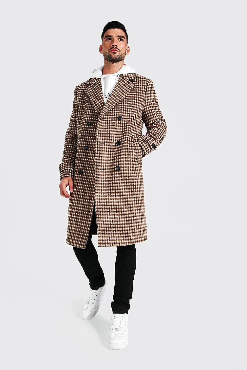 Grid Check Double Breasted Overcoat | boohooMAN UK