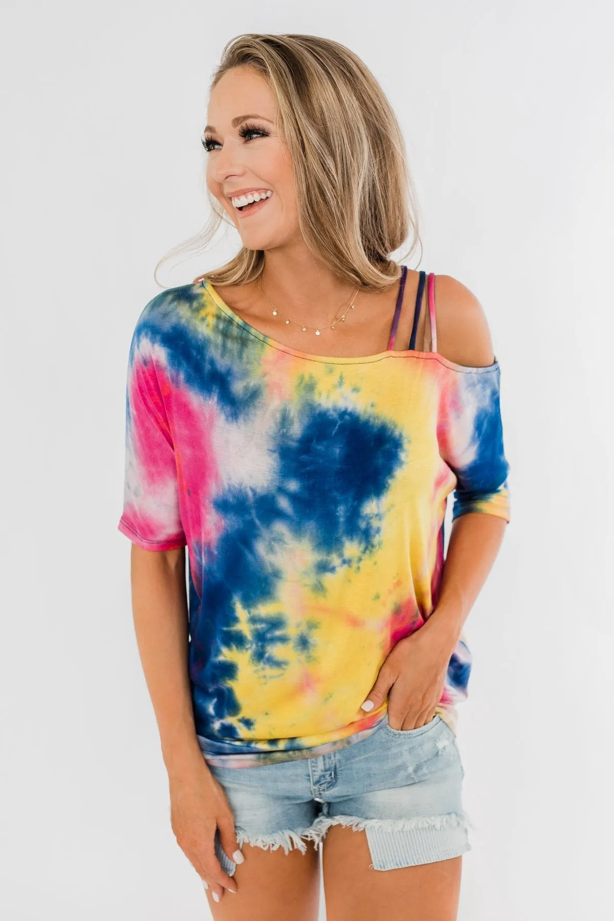 Imagine This Tie Dye Cold Shoulder Top- Multi-Color