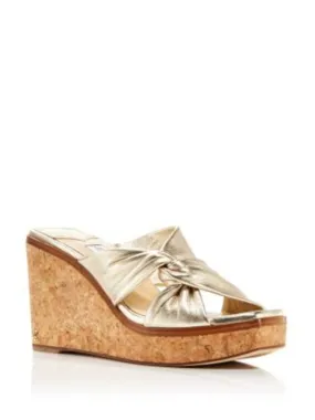 JIMMY CHOO Womens Gold 1 Platformknotted Cork Padded Metallic Narisa 90 Square Toe Wedge Slip On Leather Heeled