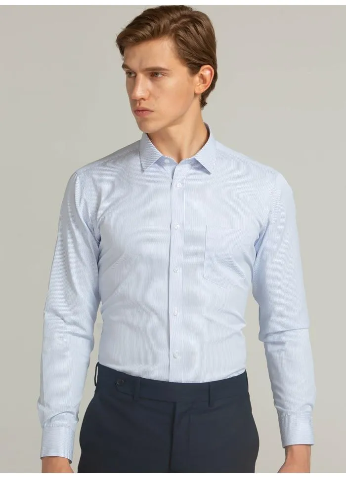 Men's Long Sleeve Solid Striped Dress Shirts with Single Patch Pocket