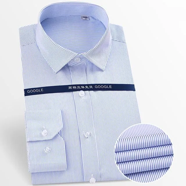 Men's Long Sleeve Solid Striped Dress Shirts with Single Patch Pocket