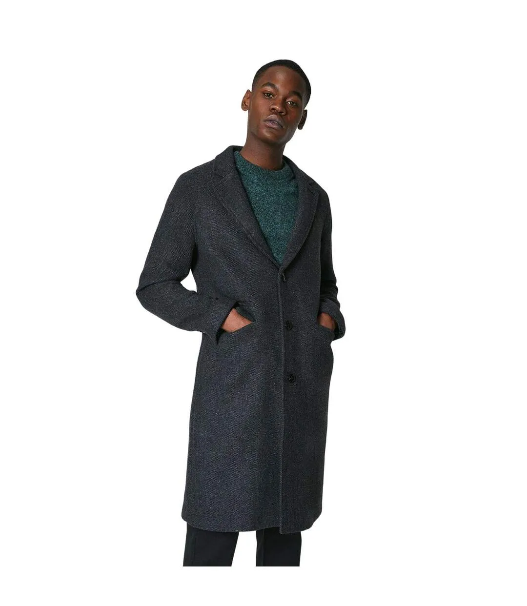 Mens textured wool three button overcoat charcoal Burton