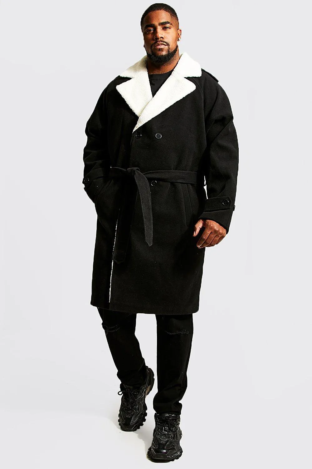 Plus Fully Borg Lined Trench Overcoat | boohooMAN UK