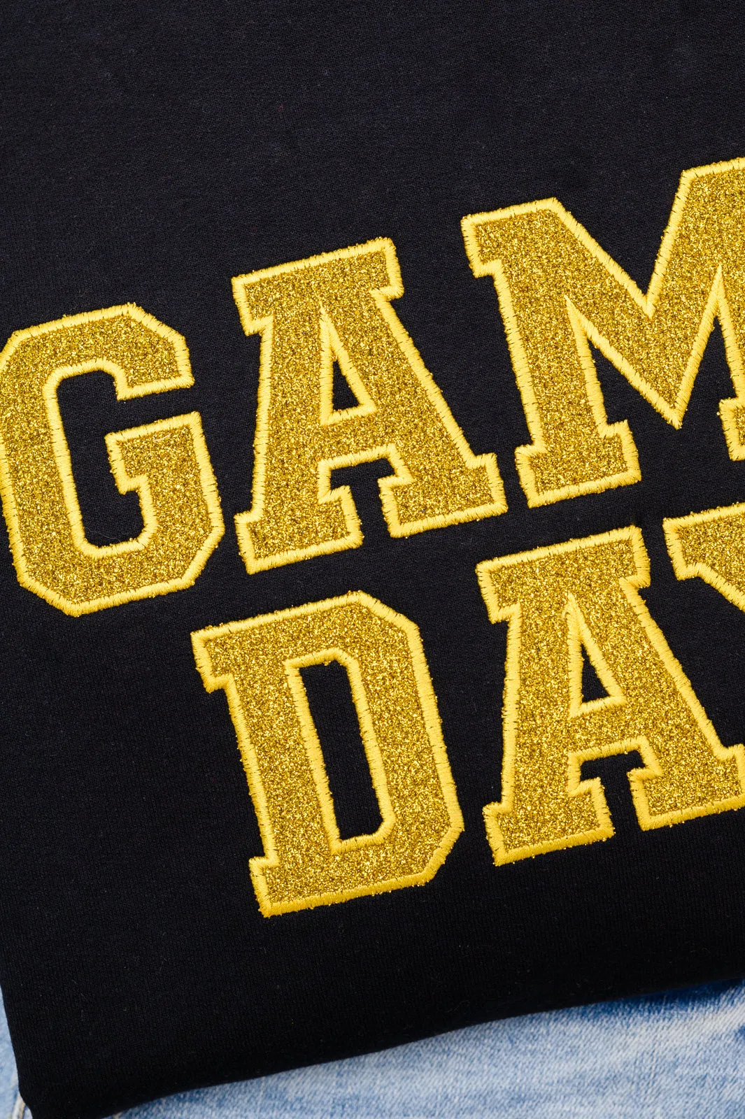 PREORDER: Embroidered Glitter Game Day Sweatshirt in Black/Golden Yellow