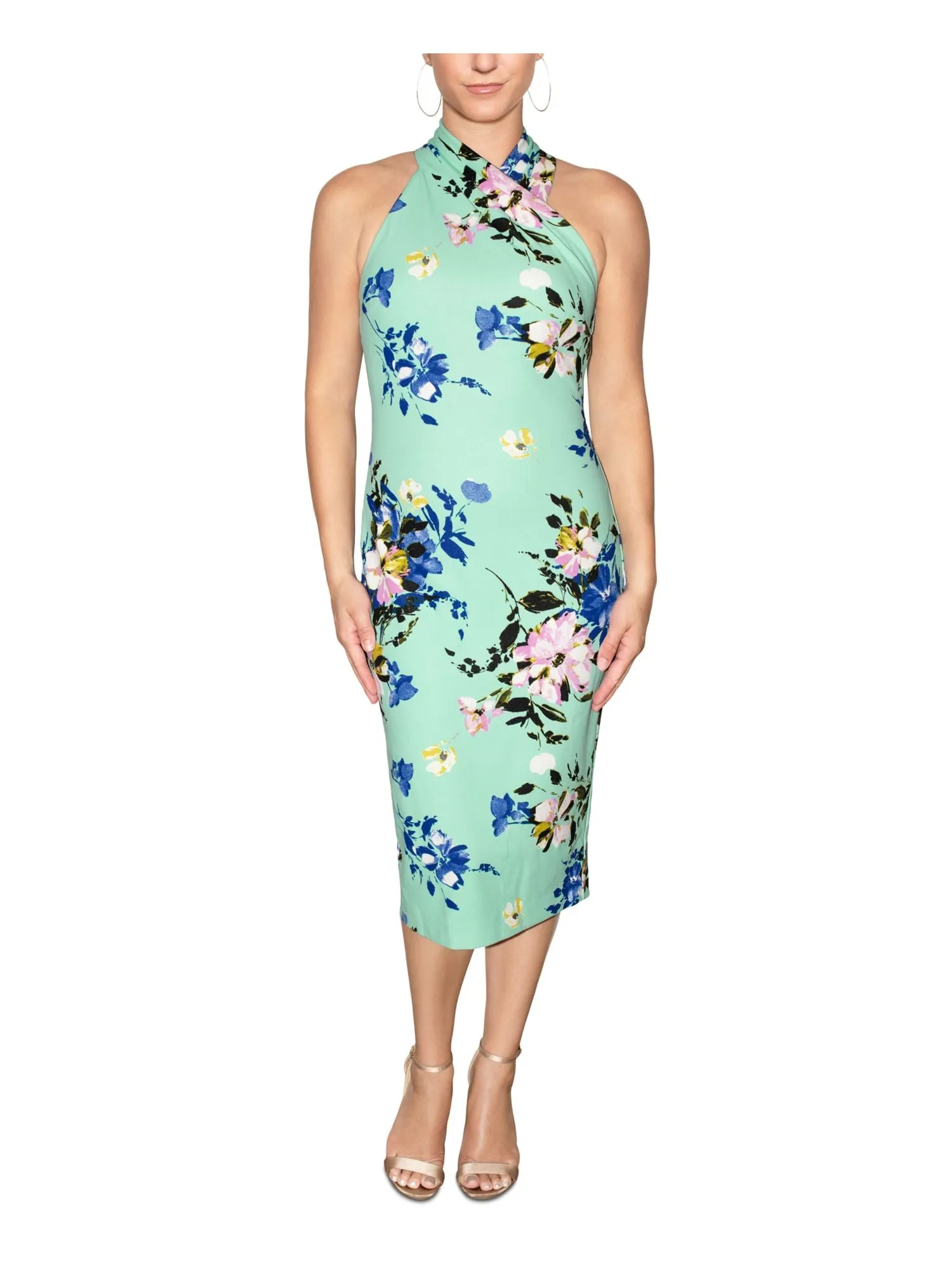 RACHEL RACHEL ROY Womens Light Blue Zippered Pleated Crossover Mock Neck Slit Back Floral Sleeveless Midi Party Sheath Dress