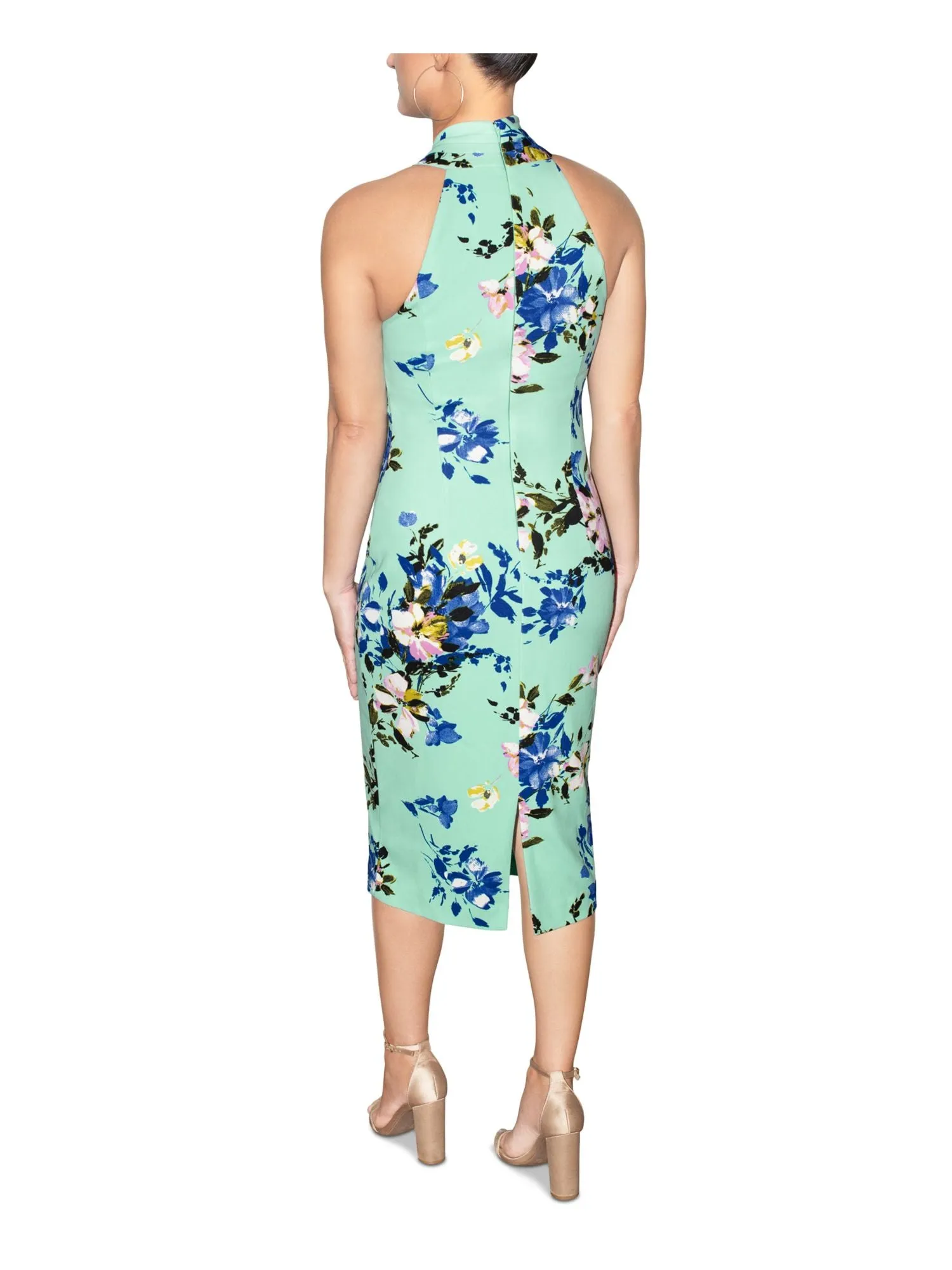 RACHEL RACHEL ROY Womens Light Blue Zippered Pleated Crossover Mock Neck Slit Back Floral Sleeveless Midi Party Sheath Dress