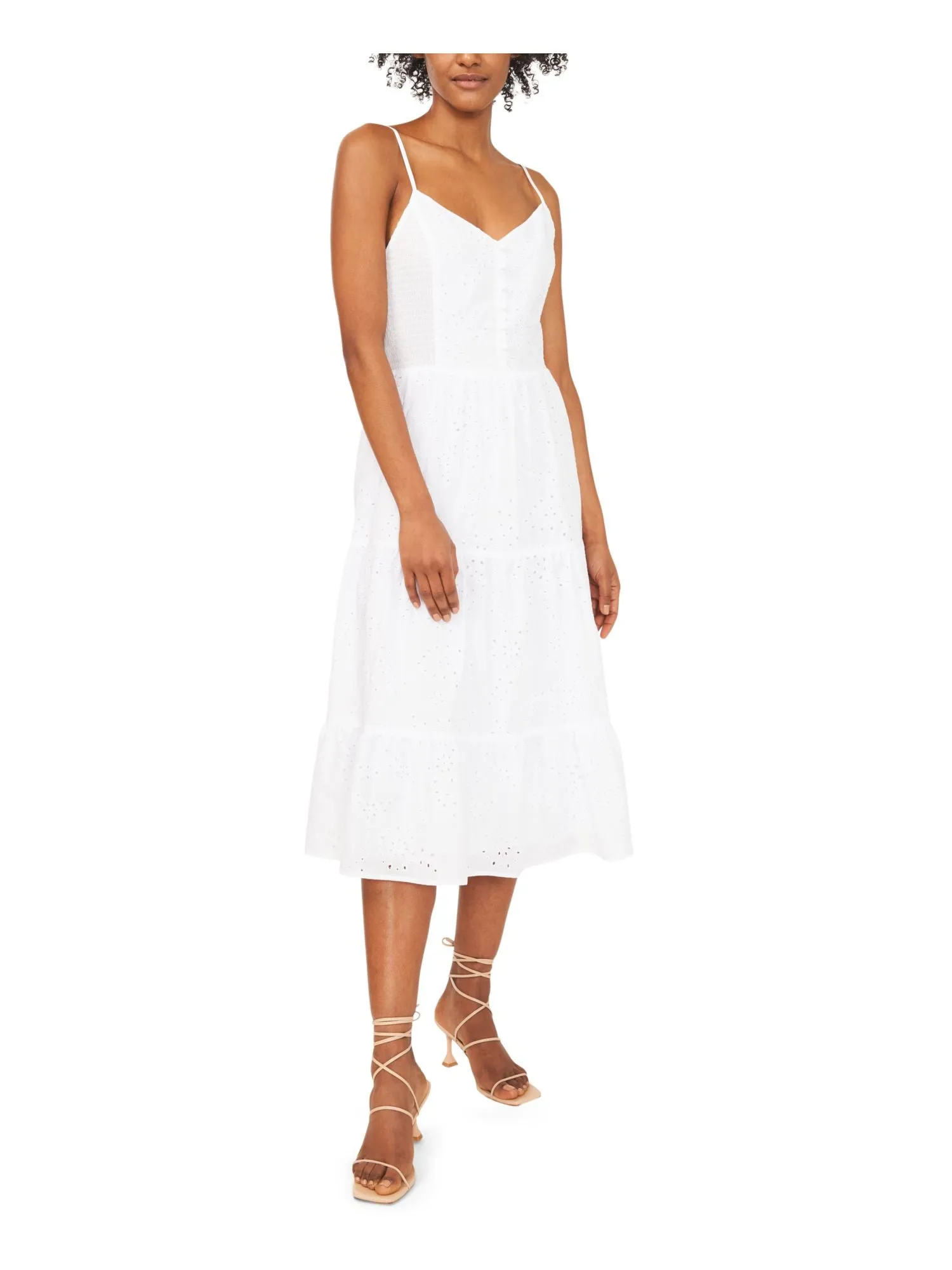 RILEY&RAE Womens White Smocked Eyelet Adjustable Straps  Shirred Tiers Spaghetti Strap V Neck Midi Fit + Flare Dress