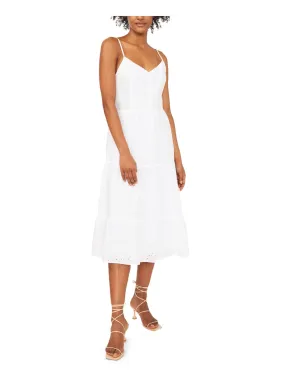 RILEY&RAE Womens White Smocked Eyelet Adjustable Straps  Shirred Tiers Spaghetti Strap V Neck Midi Fit + Flare Dress