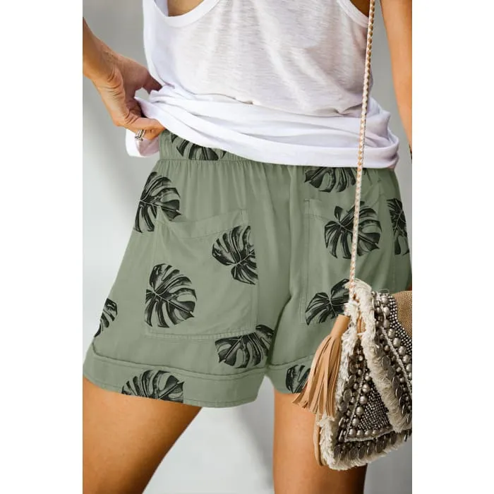 Sage Palm Leaf Drawstring Shorts