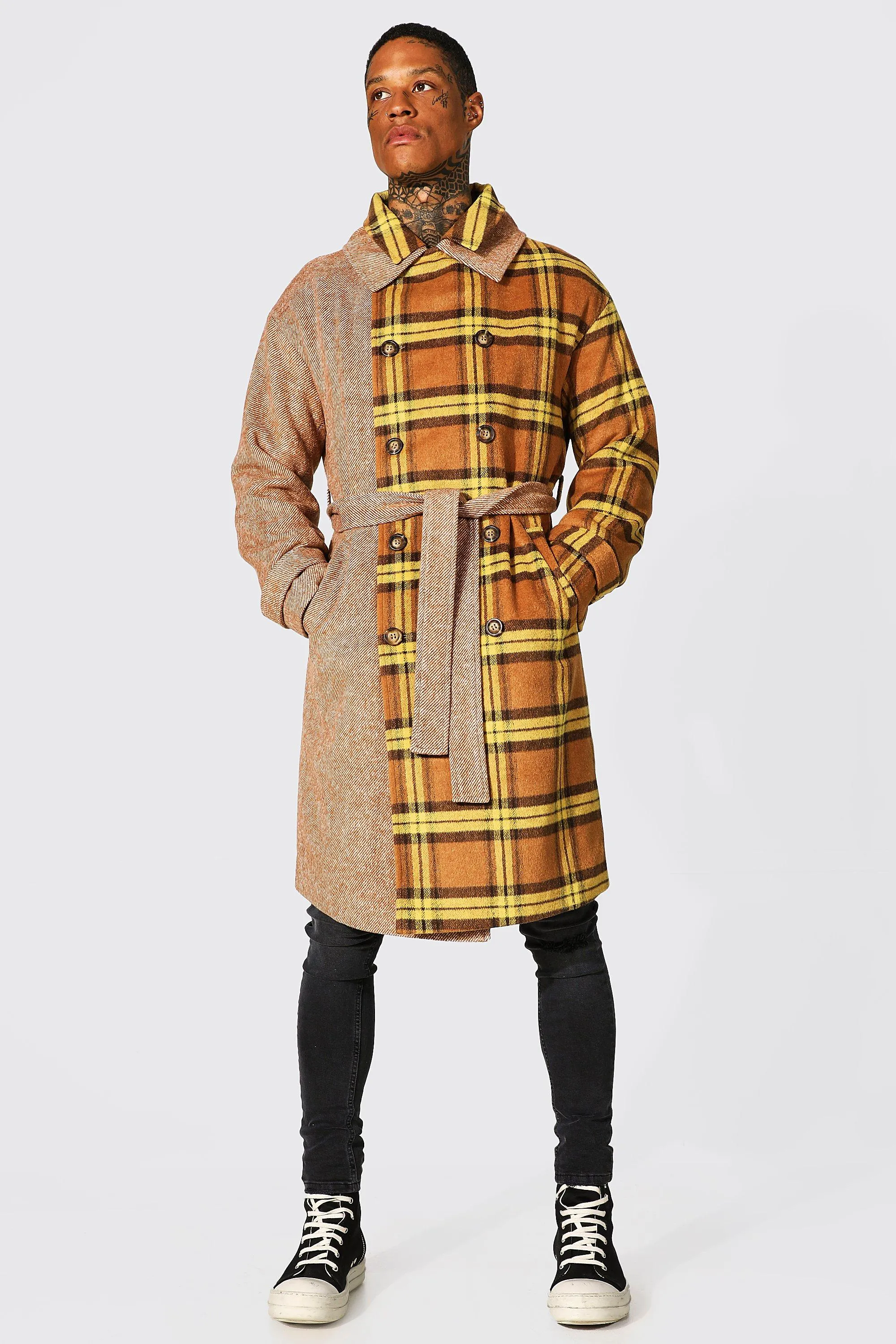 Spliced Check Double Breasted Overcoat | boohooMAN UK