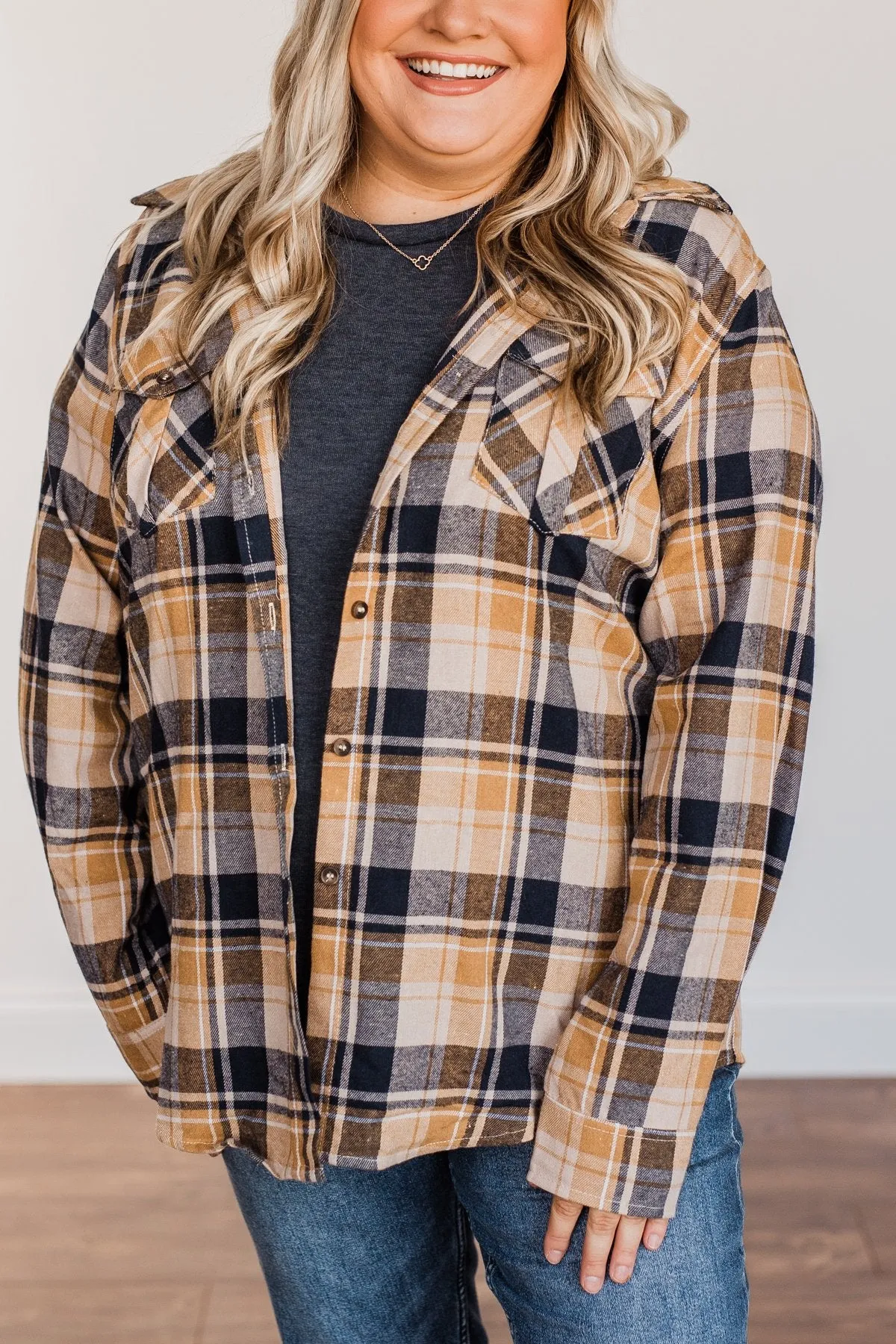 Stay With Me Hooded Plaid Top- Navy, Mustard, & Taupe