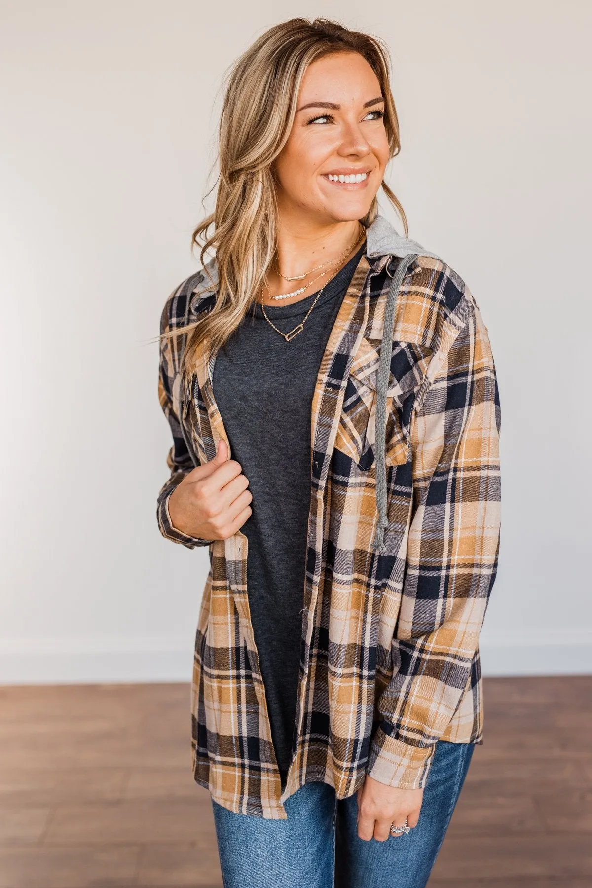 Stay With Me Hooded Plaid Top- Navy, Mustard, & Taupe