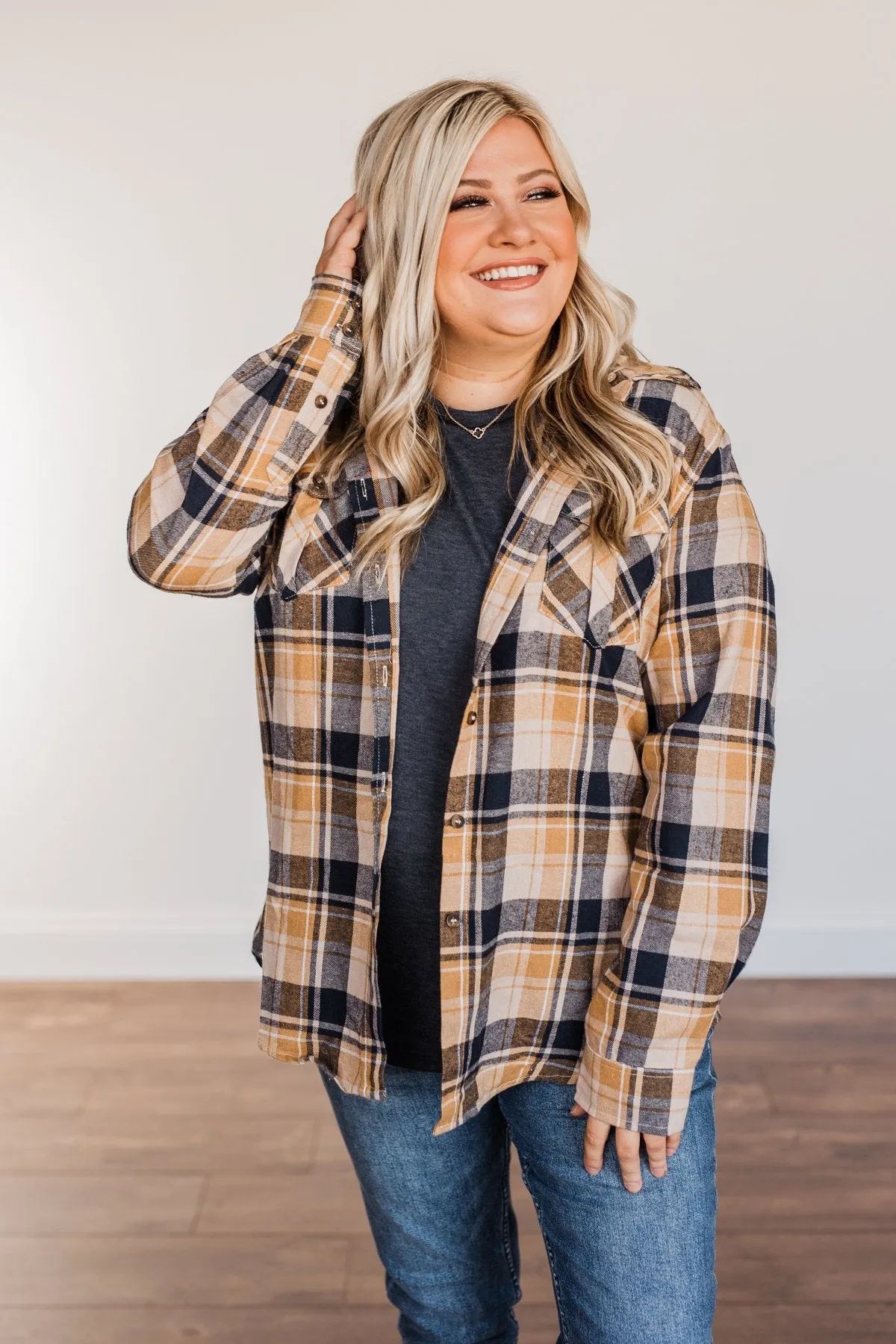 Stay With Me Hooded Plaid Top- Navy, Mustard, & Taupe