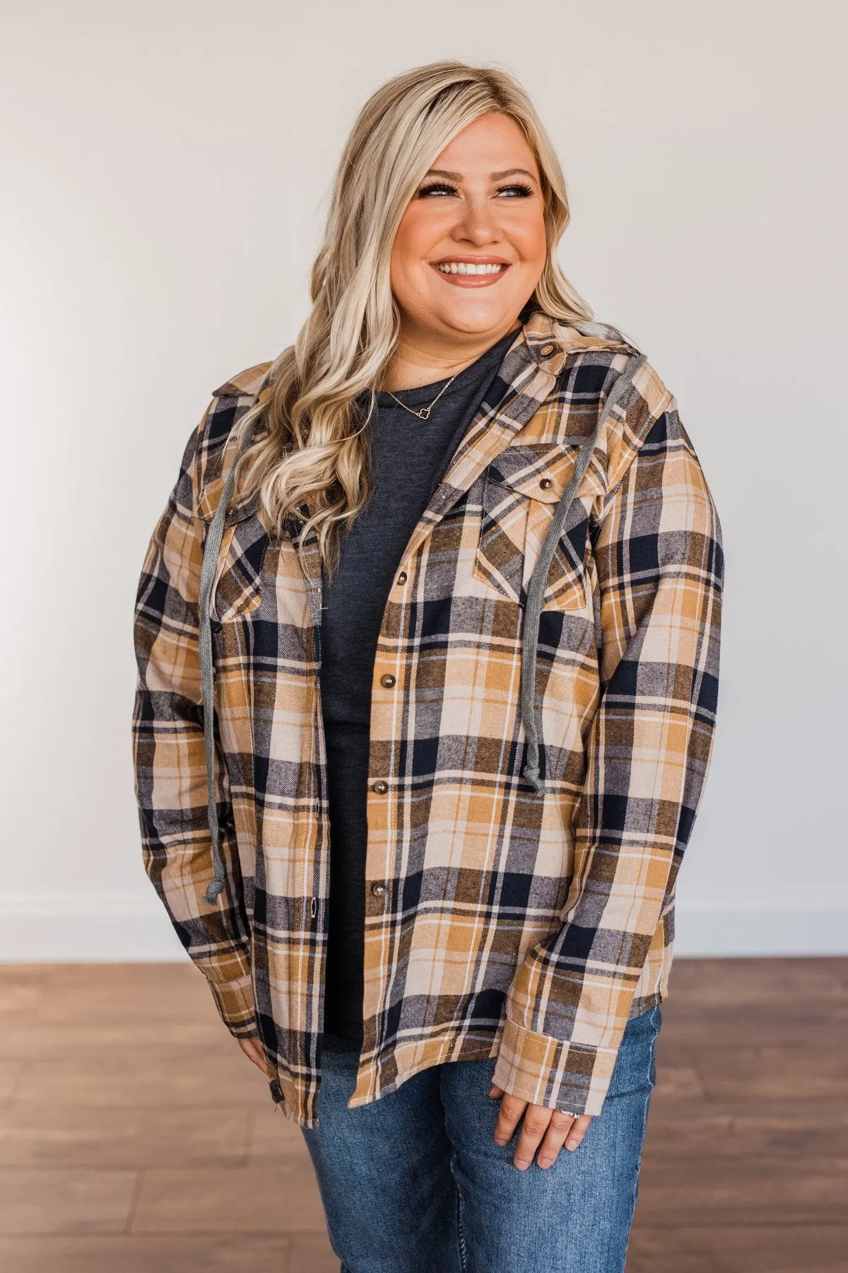 Stay With Me Hooded Plaid Top- Navy, Mustard, & Taupe