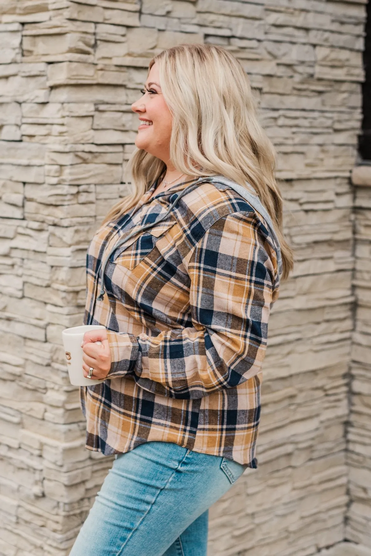 Stay With Me Hooded Plaid Top- Navy, Mustard, & Taupe