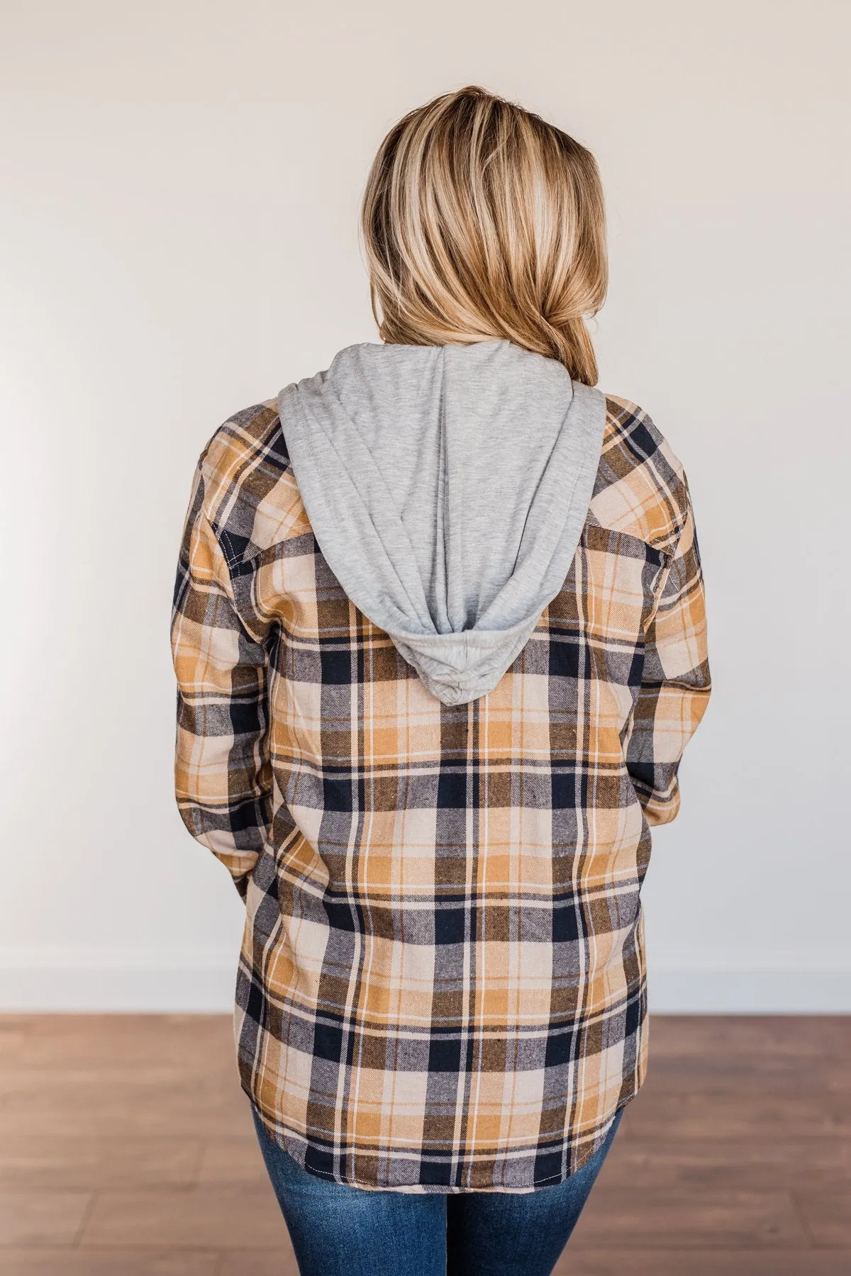 Stay With Me Hooded Plaid Top- Navy, Mustard, & Taupe