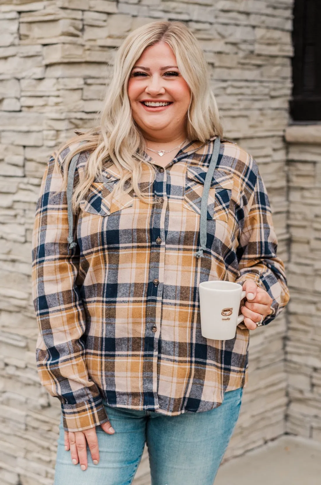 Stay With Me Hooded Plaid Top- Navy, Mustard, & Taupe