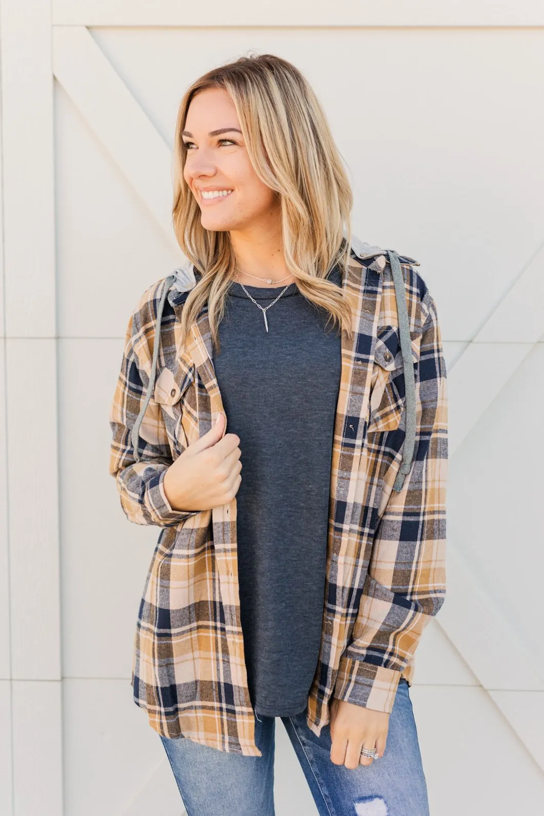 Stay With Me Hooded Plaid Top- Navy, Mustard, & Taupe