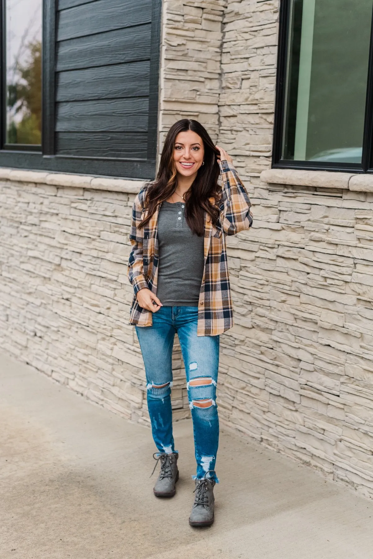 Stay With Me Hooded Plaid Top- Navy, Mustard, & Taupe