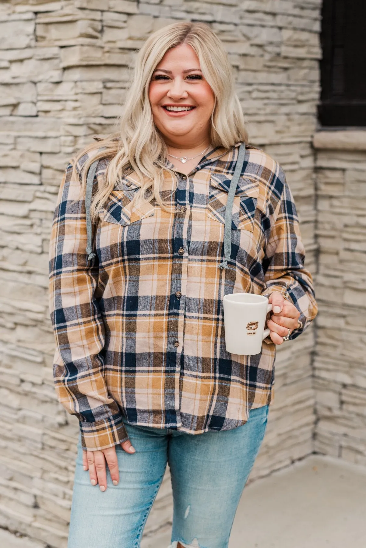 Stay With Me Hooded Plaid Top- Navy, Mustard, & Taupe