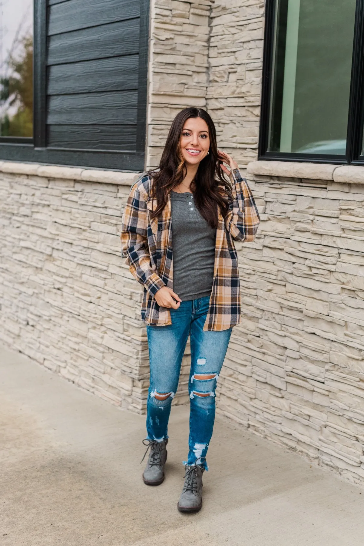 Stay With Me Hooded Plaid Top- Navy, Mustard, & Taupe