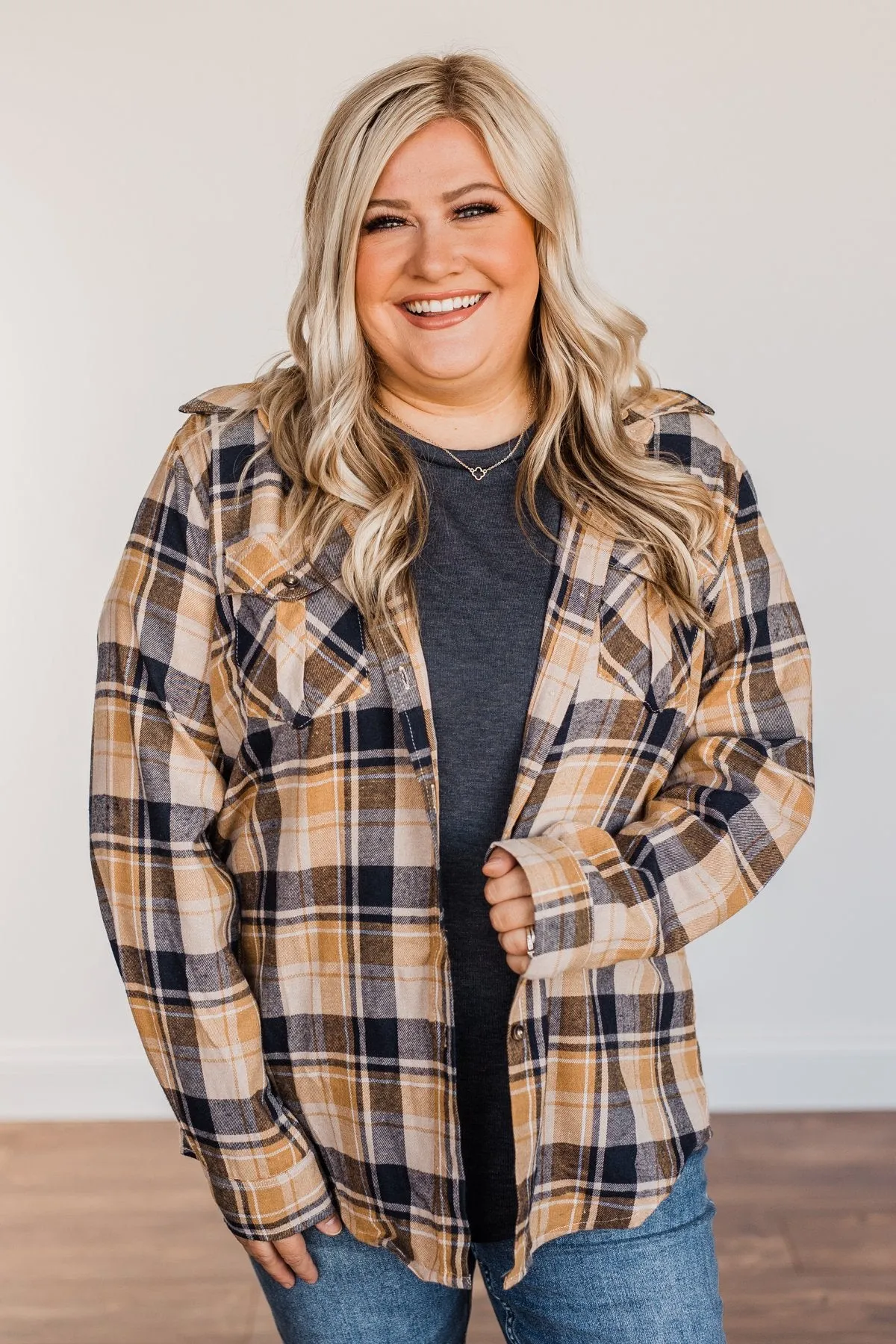 Stay With Me Hooded Plaid Top- Navy, Mustard, & Taupe