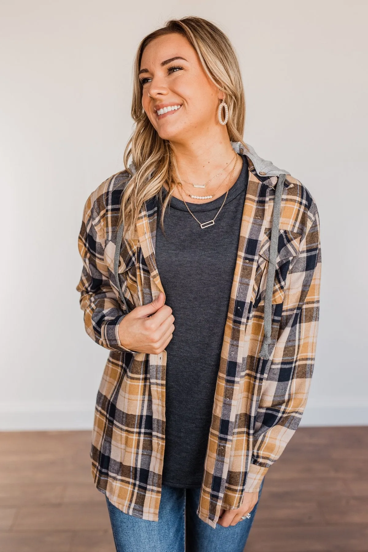 Stay With Me Hooded Plaid Top- Navy, Mustard, & Taupe