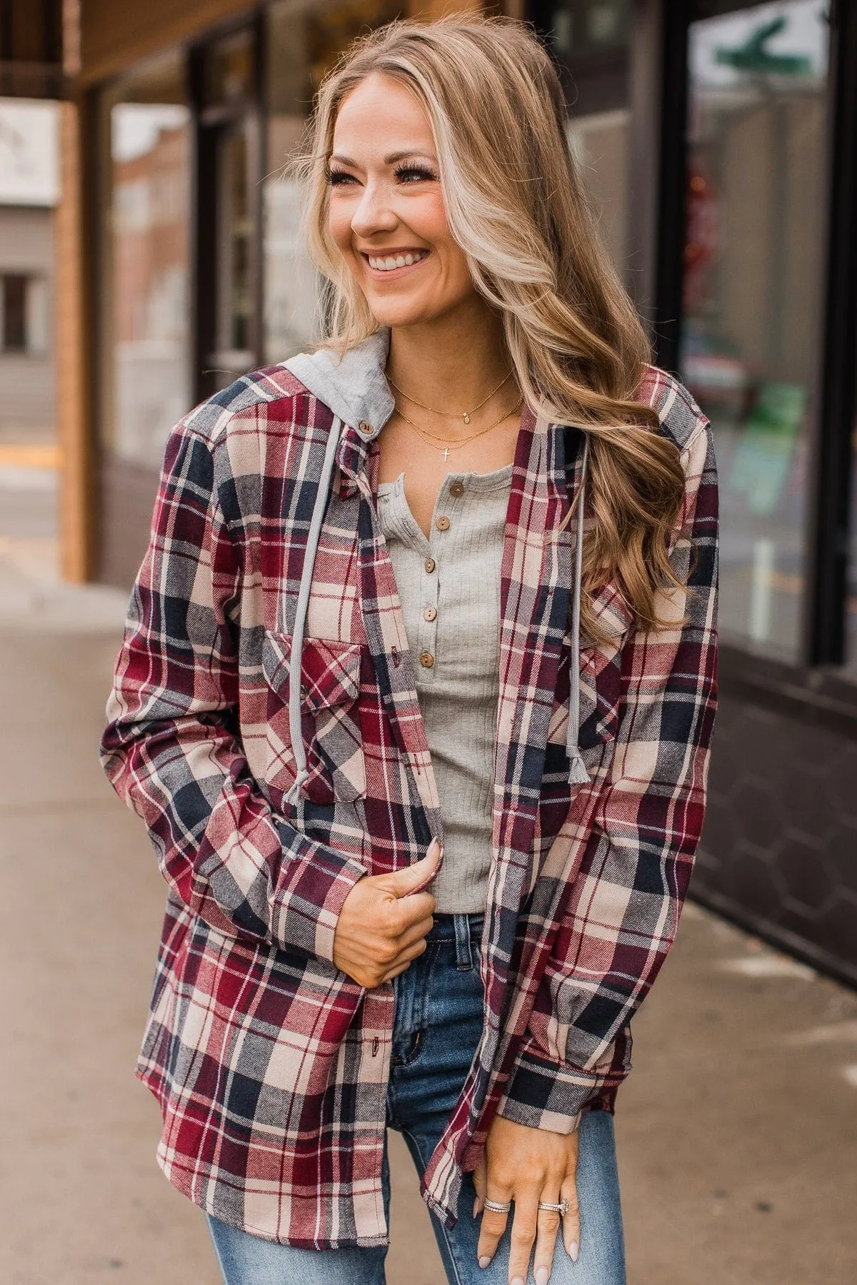 Stay With Me Hooded Plaid Top- Taupe, Navy & Cranberry